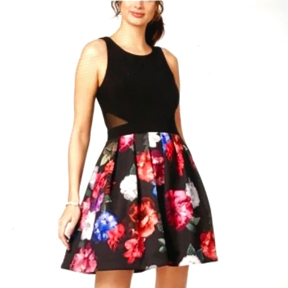 XSCAPE Fit and Flare Sleeveless Floral Mini Dress Black Pink Women’s Size 6 - Picture 1 of 16